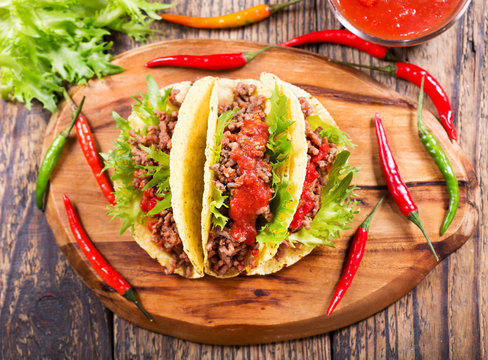 mexican tacos with meat and salsa