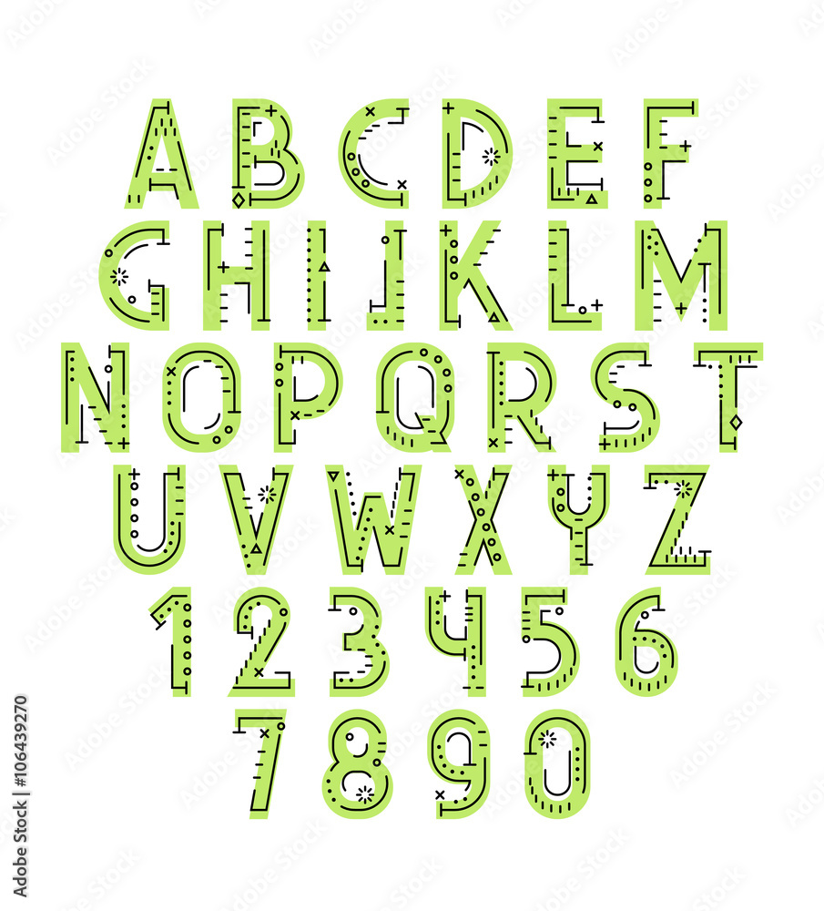 Poster font in line flat style. conceptual alphabet. flat font. geometric letters. font of sign. set of let