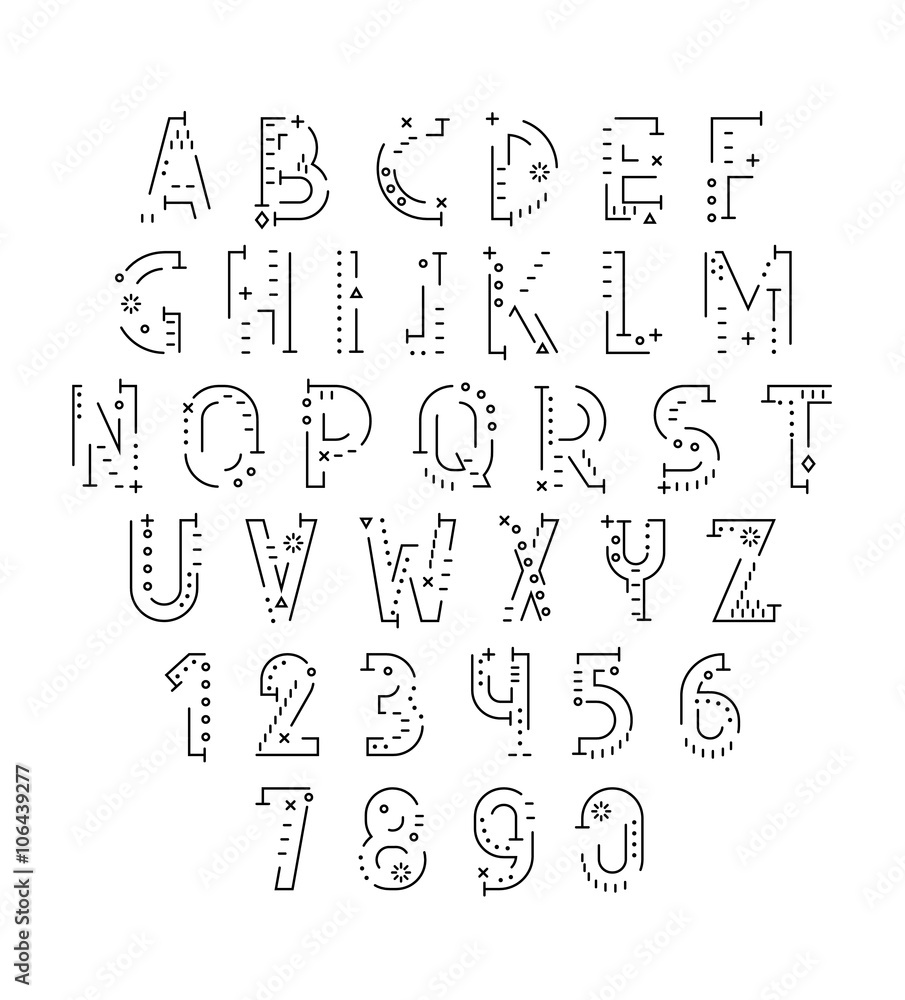 Poster font in line flat style. conceptual alphabet. flat font. geometric letters. font of sign. set of let