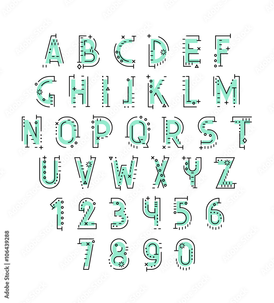 Fototapete font in line flat style. conceptual alphabet. flat font. geometric letters. font of sign. set of let
