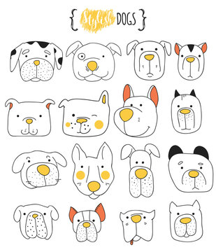 Set of 16 cute dogs doodle . Sketch dog . Dog handmade . Dogs Print  for T-shirts. Print for clothes . Children doodle animals . Stylish dog's muzzle . Isolated dog. PET