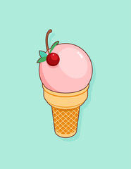 Colorful tasty isolated ice cream at a turquoise background. Crunchy wafer cone filled with a scoop of pink ice cream with a cherry and mint. Vector Illustration.