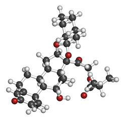 Ciclesonide glucocorticoid drug molecule. 3D rendering. 
