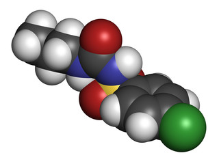 Chlorpropamide diabetes drug molecule. 3D rendering.