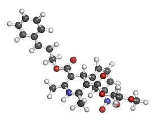 Cilnidipine hypertension drug molecule. 3D rendering.