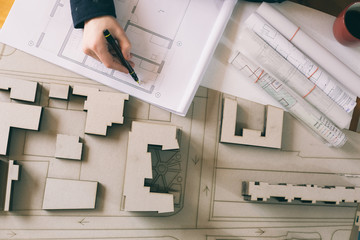 Top view of architect drawing on architectural project