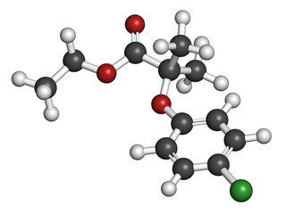 Clofibrate hyperlipidemia drug molecule (fibrate class). 