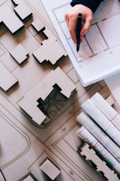 Top view of architect drawing on architectural project