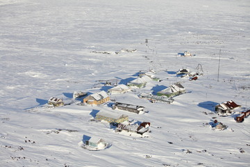 Aerial view of abandoned polar settlement in Arctic