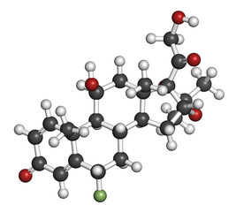 Flunisolide corticosteroid drug molecule. 3D rendering. 