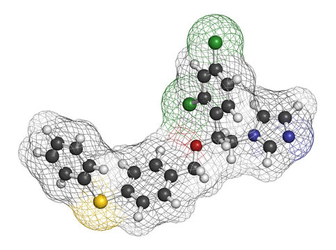Fenticonazole antifungal drug molecule. 3D rendering. 