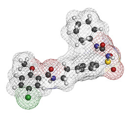 Glibenclamide (glyburide) diabetes drug molecule. 3D rendering.