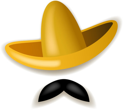 Illustration of yellow sombrero and black mustache isolated on white background.