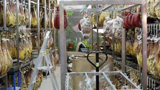 Joints of iberico and serrano jamon hanging in factory