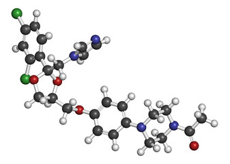 Ketoconazole antifungal drug molecule. 3D rendering. 