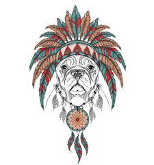 Dog in the Indian roach. Indian feather headdress of eagle. Hand draw vector  illustration