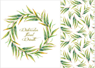 Set of colorful watercolor template: frame with green leaves and  seamless pattern.