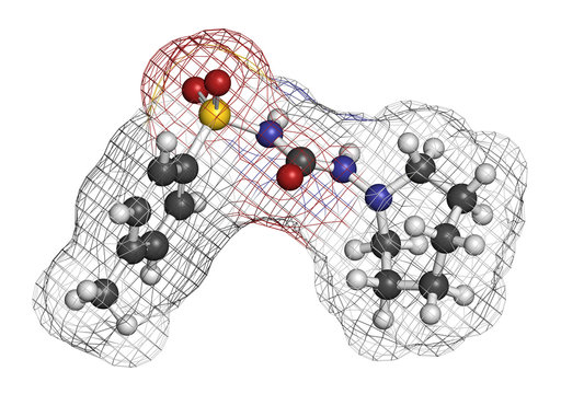 Tolazamide diabetes drug molecule. 3D rendering.
