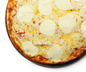 Pizza full of cheese on wooden board isolated on white background, close up