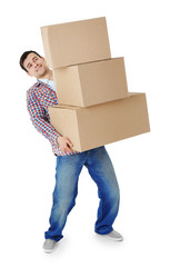 Man holding pile of carton boxes isolated on white background