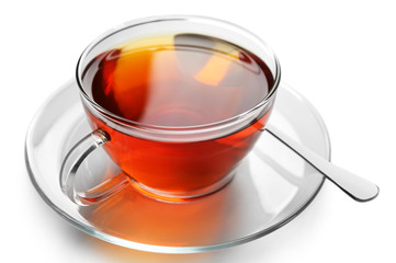 Glass cup of tea isolated on white background