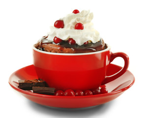 Mug cake with cranberry and chocolate isolated on white