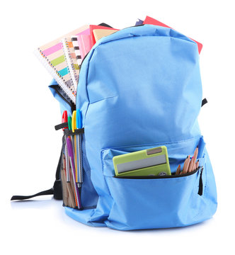 Backpack With School Supplies, Isolated On White