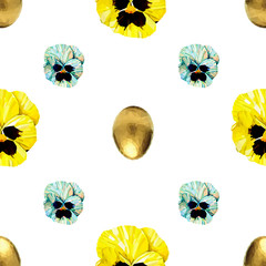Seamless pattern with pansies and eggs. Easter's cute vector pattern with spring flowers on a white background.