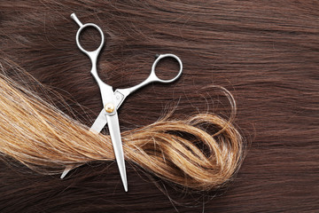 Hairdresser's scissors with varicolored strands of hair, close up