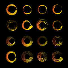Set of vector icons, and logos depicting the solar circle. Modern styling sun. Collection of logos and icons of gold, orange and yellow colors.