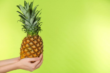 Female hands holding ripe pineapple on green background