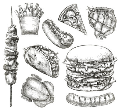 Fast food, sketches, hand drawing, vector set