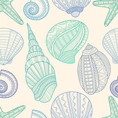 Seamless pattern with marine seashells and starfish