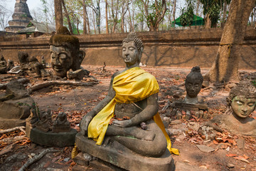 The old Buddha statue and moss at Tunnel Temple (Wat U-mong), Chiang Mai Province, Northern Thailand
