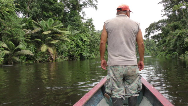 A man stands at the bow of a wooden canoe moving slowly down a calm narrow river surrounded by dense tropical jungle in the Cuyabeno Amazon, Ecuador, lush greenery ahead.