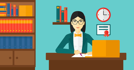 Woman using laptop for education.