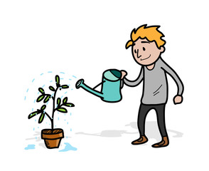 Watering the Vegetation Plant, a hand drawn vector illustration of a man, watering his vegetation plant (each objects on separate groups for easy editing)