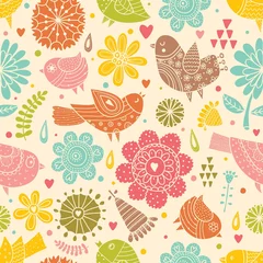Muurstickers Colorful birds and flowers on a blue background. Cute vector seamless pattern. © vyazovskaya