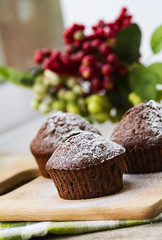 Chocolate muffins icing sugar on the table