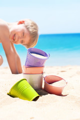 Children's Beach Buckets Kid Blue Sea Background
