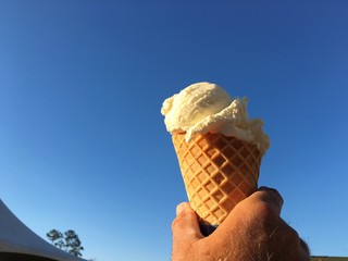 Man's hand holding a vanilla ice cream in a waffle cone. 