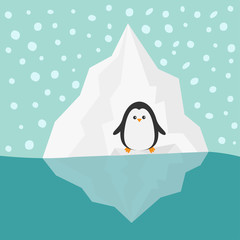 Penguin on Iceberg Blue water Snow in the sky Flat design Winter background