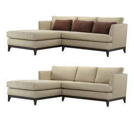 L-shaped sofa, with and without pillows isolated on white background.
