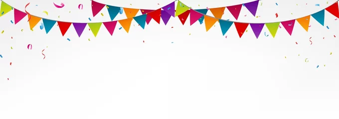 Foto op Aluminium Verjaardag bunting vlaggen, met confetti, kleurrijke gors, verjaardag banner, verjaardag achtergrond, verjaardagsfeestje © radenmas