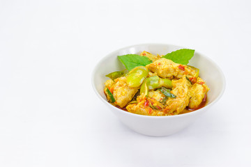 Stir fish ball with spicy herbs on background