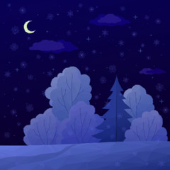 Low Poly Christmas Landscape, Night Winter Forest with Coniferous and Deciduous Trees and Snow. Vector