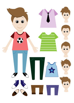 Big set of clothes for the boy Constructor. Hairstyle, dress, shoes, pants, T-shirt. Vector