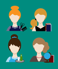 Fototapeta premium Profession people hairdresser, teacher, secretary. Face men uniform. Avatars in flat design. Vector