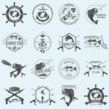 Set of vintage fishing labels, badges and design elements. 