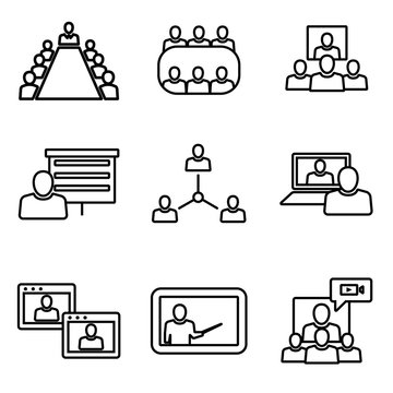 Vector line conference icons set. Business communication. Conference Icon Object, Conference Icon Picture, Conference Icon Image - stock vector